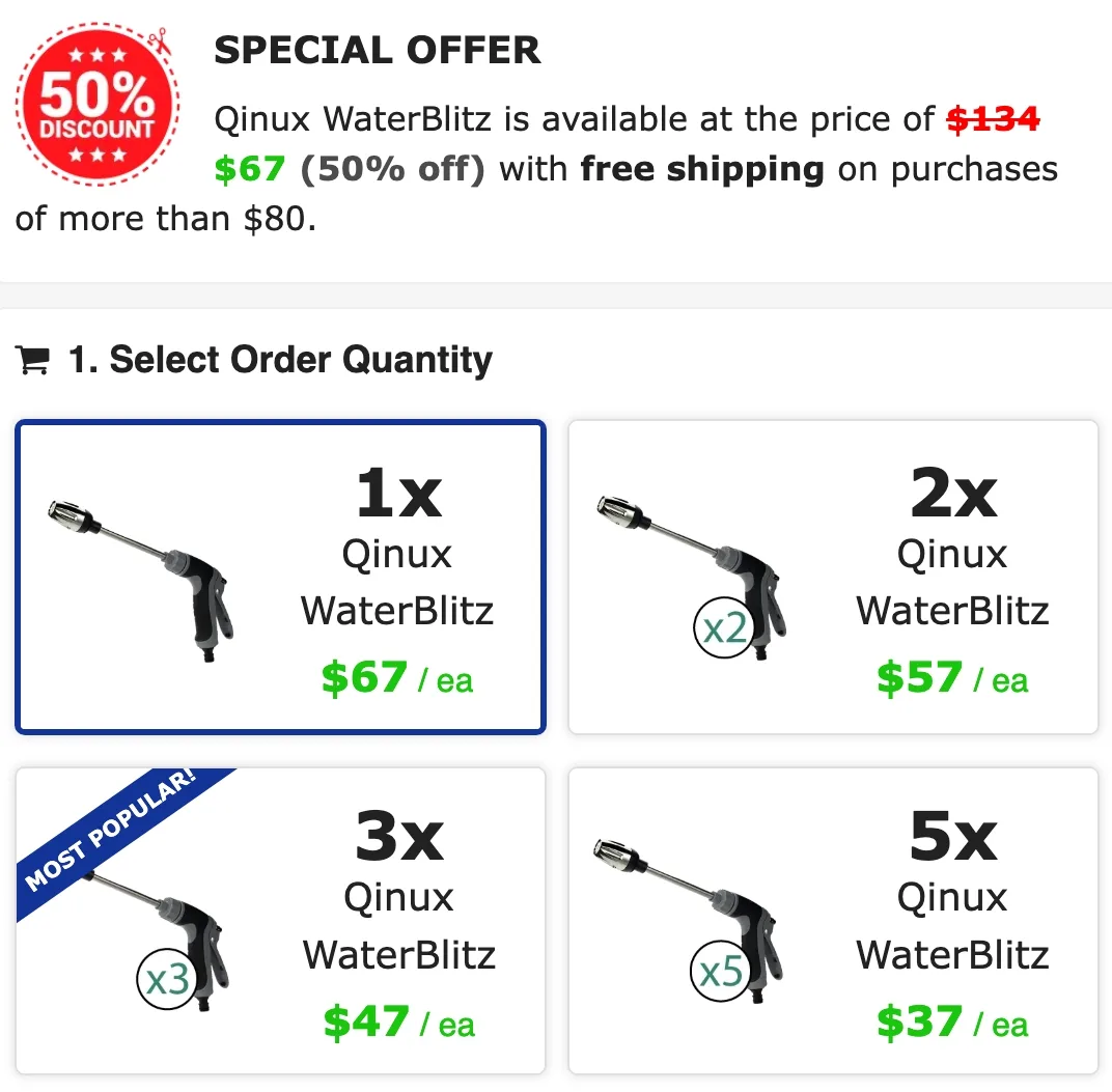 Waterblitz Pricing — 50% Off Order Packages and Free Shipping